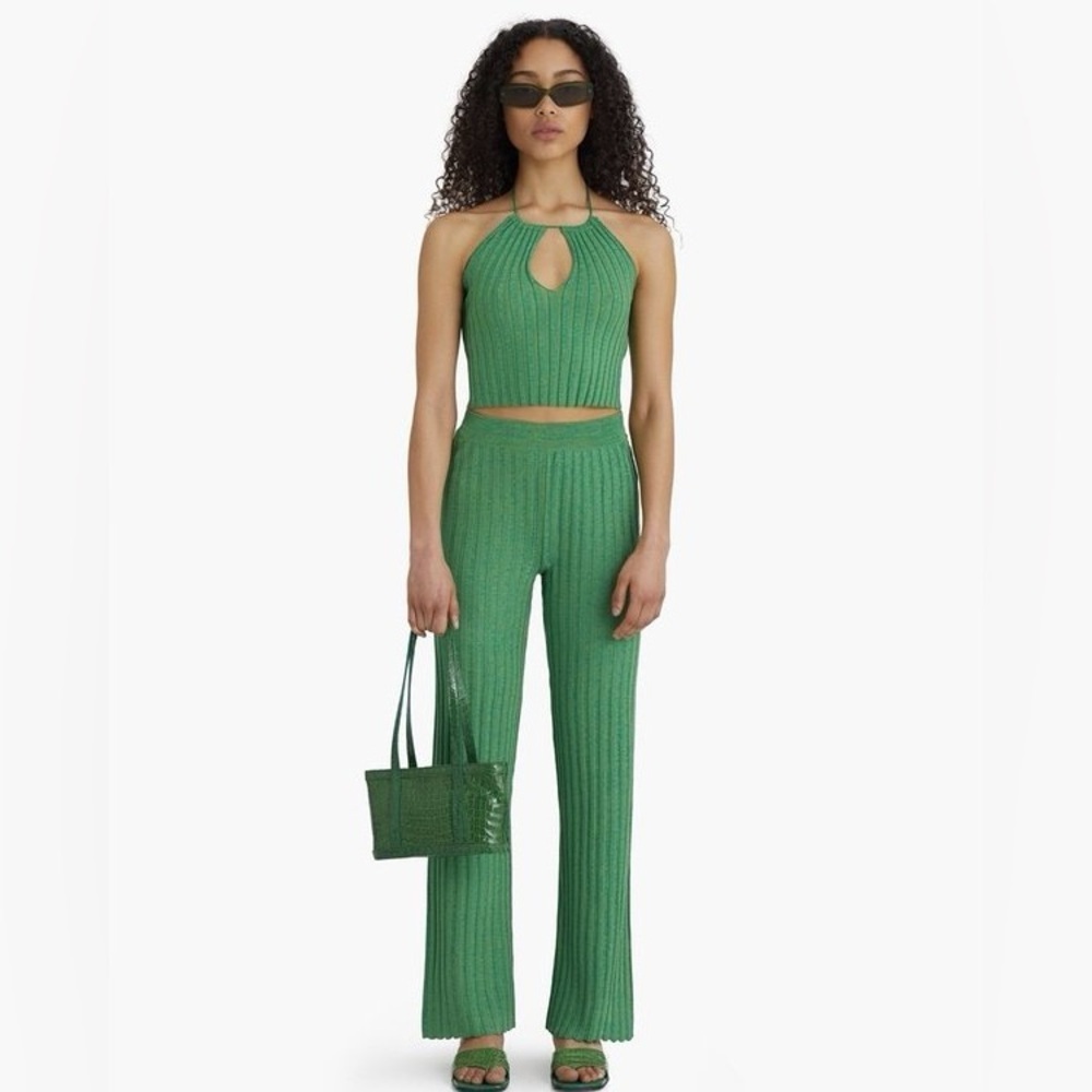 Paloma Wool Fromthe Rib Ribbed Pants Green Size XS/S? Stretch Ruffle Ankle EUC